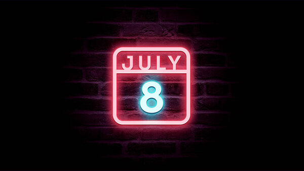 7月8日日历，背景上有霓虹灯蓝色和红色霓虹灯   图片素材