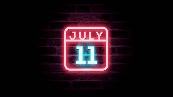 7月11日日历，背景上有霓虹灯蓝色和红色霓虹灯   图片素材