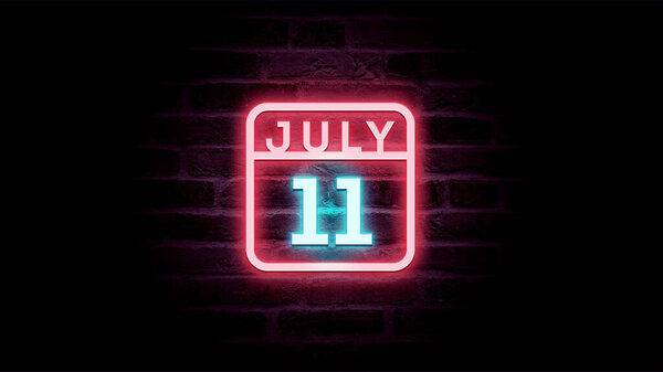 7月11日日历，背景上有霓虹灯蓝色和红色霓虹灯   图片素材