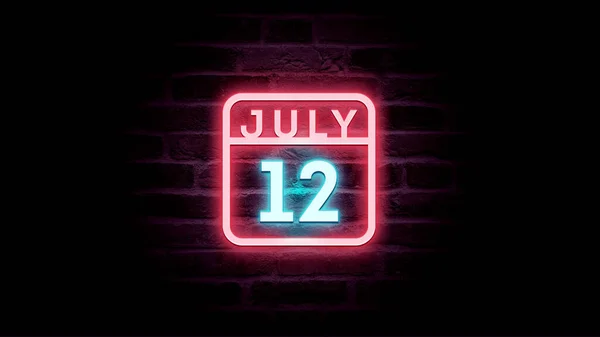 7月12日日历，背景上有霓虹灯蓝色和红色霓虹灯  