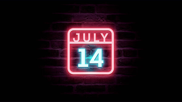 7月14日日历，背景为霓虹灯蓝色和红色霓虹灯   图片素材