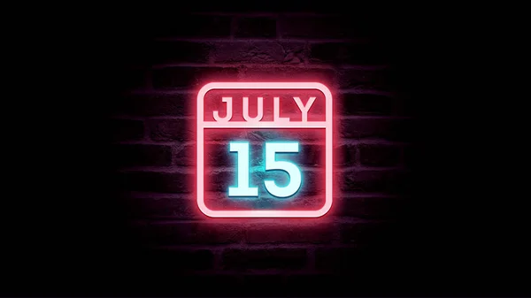 7月15日日历，背景上有霓虹灯蓝色和红色霓虹灯   图片素材