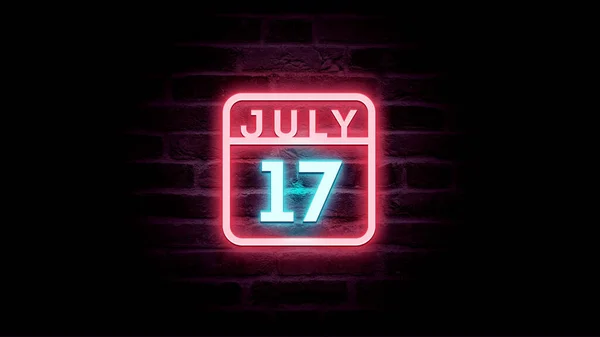 7月17日日历，背景上有霓虹灯蓝色和红色霓虹灯   图片素材