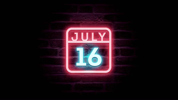 7月16日日历，背景上有霓虹灯蓝色和红色霓虹灯  