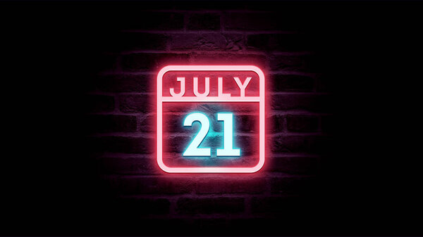 7月21日日历，背景上有霓虹灯蓝色和红色霓虹灯   图片素材