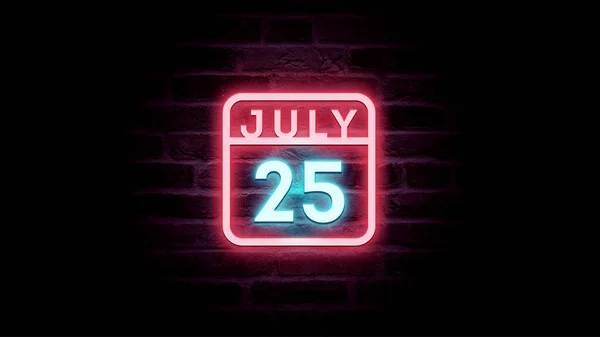 7月25日日历，背景上有霓虹灯蓝色和红色霓虹灯  