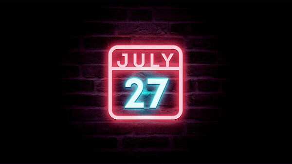 7月27日日历，背景上有霓虹灯蓝色和红色霓虹灯   图片素材