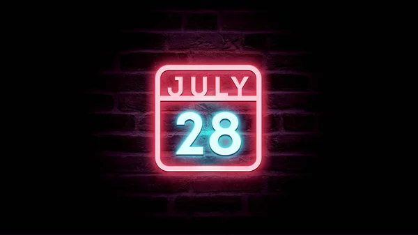 7月28日日历，背景为霓虹灯蓝色和红色霓虹灯  