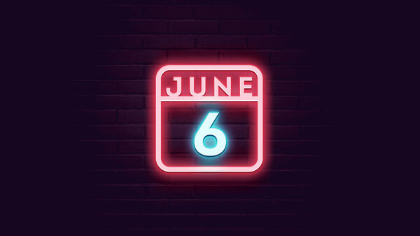 6月6日日历，背景为霓虹灯蓝色和红色霓虹灯   图片素材