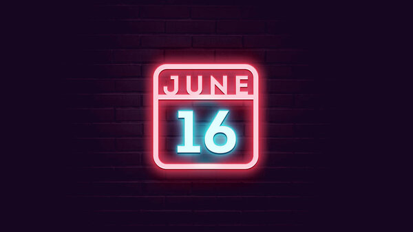6月16日日历，背景上有霓虹灯蓝色和红色霓虹灯   图片素材