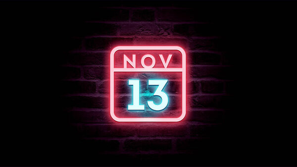 11月13日日历，背景上有霓虹灯蓝色和红色霓虹灯   图片素材