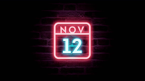 11月12日日历，底座上有霓虹灯蓝色和红色霓虹灯   图片素材