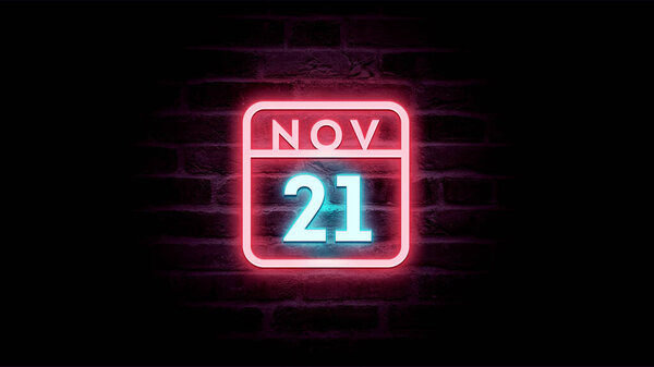 11月21日日历，背景上有霓虹灯蓝色和红色霓虹灯   图片素材