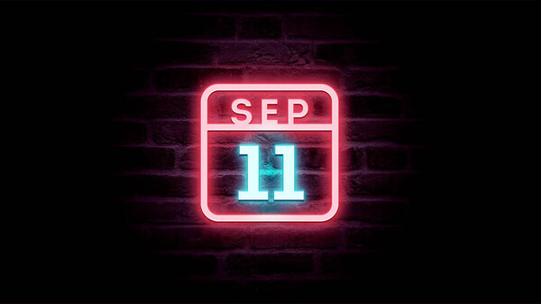 9月11日日历，背景上有霓虹灯蓝色和红色霓虹灯   图片素材
