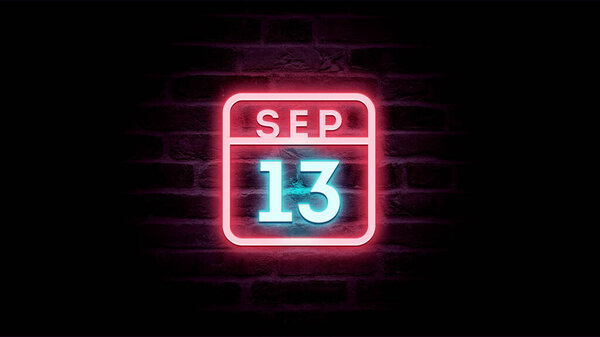 9月13日日历，背景上有霓虹灯蓝色和红色霓虹灯   图片素材