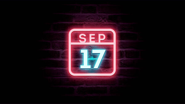 9月17日日历，背景上有霓虹灯蓝色和红色霓虹灯    图片素材
