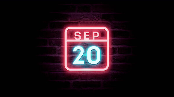 9月20日日历，背景上有霓虹灯蓝色和红色霓虹灯   图片素材