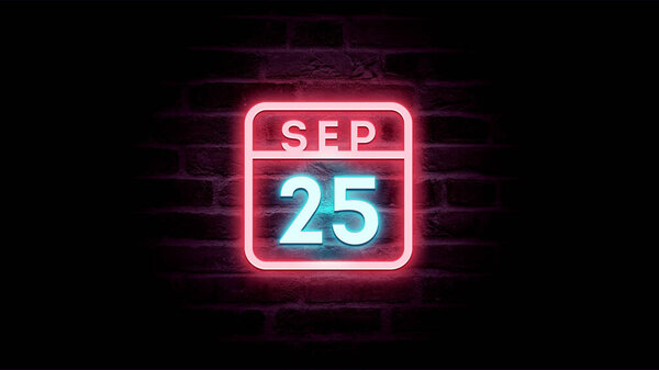 9月25日日历，背景上有霓虹灯蓝色和红色霓虹灯   图片素材