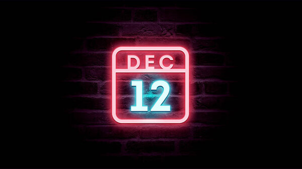 12月12日日历，底座上有霓虹灯蓝色和红色霓虹灯  图片素材