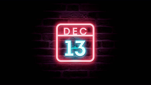 12月13日日历，底座上有霓虹灯蓝色和红色霓虹灯  图片素材