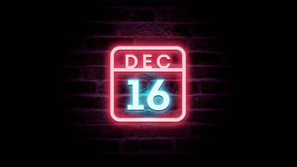 12月16日日历，底座上有霓虹灯蓝色和红色霓虹灯  图片素材