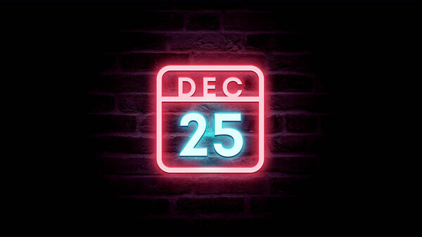 12月25日日历，背景为霓虹灯蓝色和红色霓虹灯  图片素材