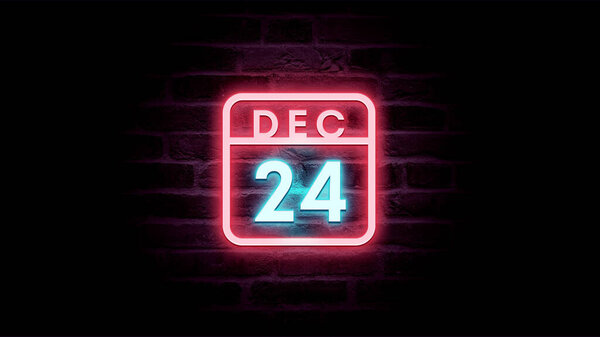 12月24日日历，背景为霓虹灯蓝色和红色霓虹灯  图片素材
