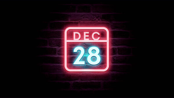 12月28日日历，底座上有霓虹灯蓝色和红色霓虹灯  图片素材