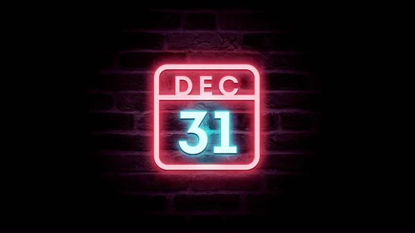12月31日日历，背景为霓虹灯蓝色和红色霓虹灯 