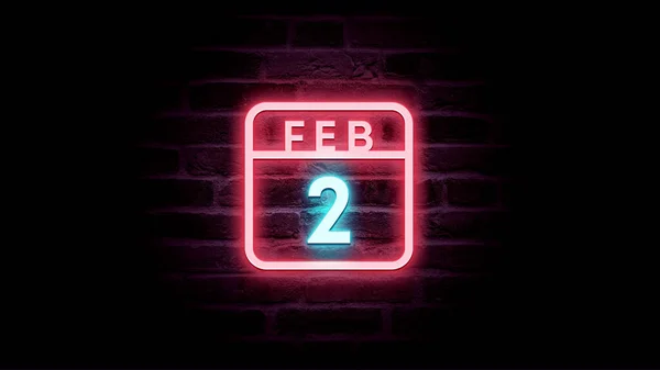 2月2日日历，底座上有霓虹灯蓝色和红色霓虹灯  图片素材