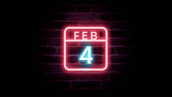 2月4日日历，底座上有霓虹灯蓝色和红色霓虹灯  图片素材