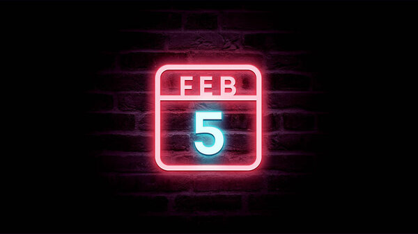 2月5日日历，底座上有霓虹灯蓝色和红色霓虹灯  图片素材