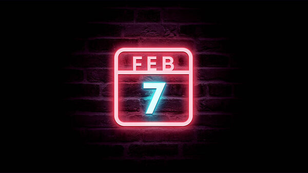 2月7日日历，底座上有霓虹灯蓝色和红色霓虹灯  图片素材