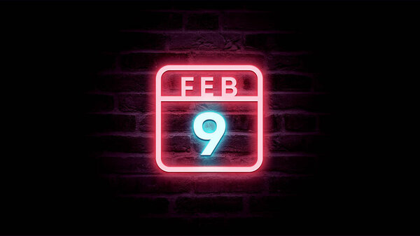 2月9日日历，背景为霓虹灯蓝色和红色霓虹灯  图片素材