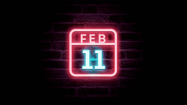 2月11日日历，背景上有霓虹灯蓝色和红色霓虹灯  图片素材