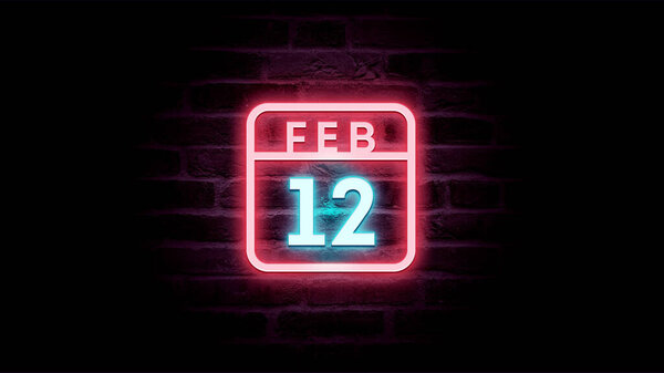 2月12日日历，底座上有霓虹灯蓝色和红色霓虹灯  图片素材