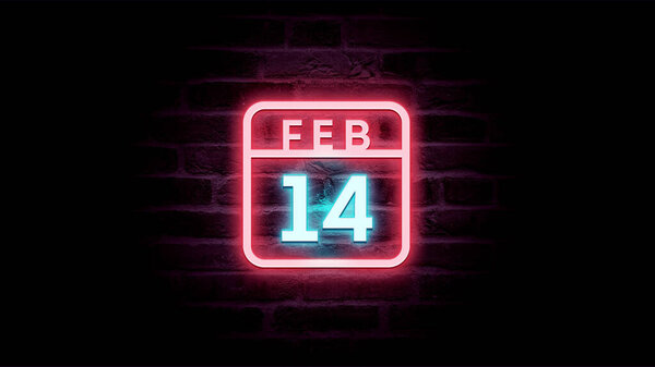 2月14日日历，背景为霓虹灯蓝色和红色霓虹灯  图片素材