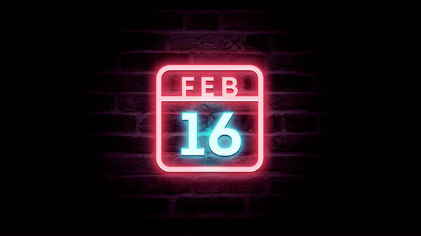 2月16日日历，底座上有霓虹灯蓝色和红色霓虹灯  图片素材