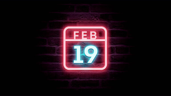 2月19日日历，底座上有霓虹灯蓝色和红色霓虹灯  图片素材