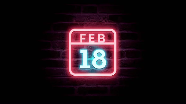 2月18日日历，背景为霓虹灯蓝色和红色霓虹灯 