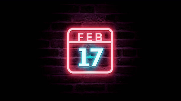 2月17日日历，背景为霓虹灯蓝色和红色霓虹灯  图片素材