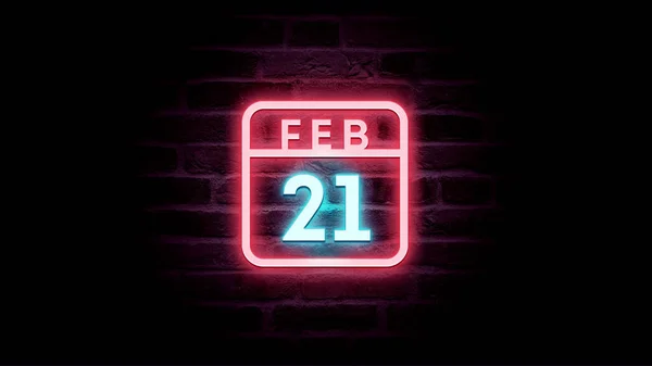 2月21日日历，底座上有霓虹灯蓝色和红色霓虹灯  图片素材