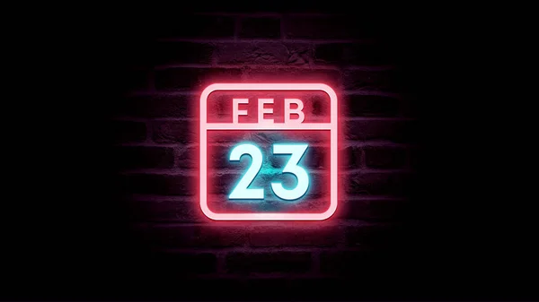 2月23日日历，底座上有霓虹灯蓝色和红色霓虹灯 