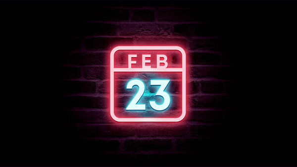 2月23日日历，底座上有霓虹灯蓝色和红色霓虹灯  图片素材
