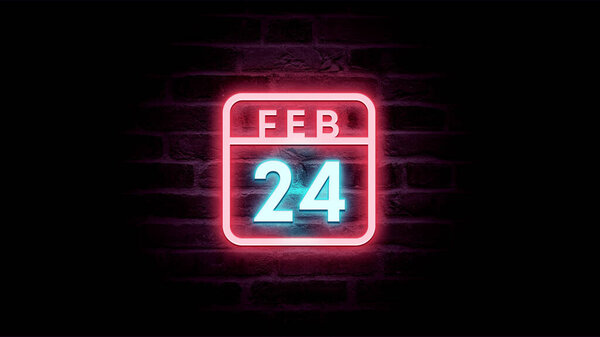 2月24日日历，底座上有霓虹灯蓝色和红色霓虹灯  图片素材