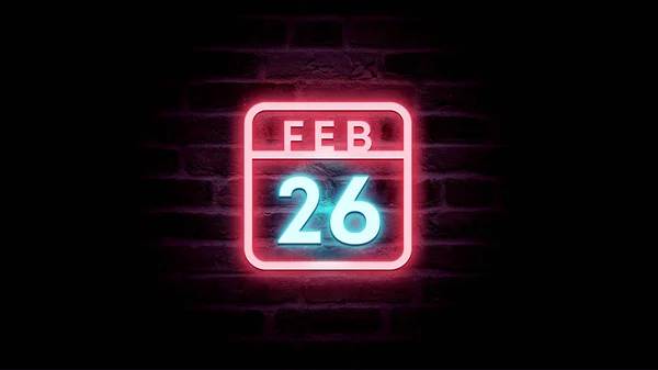 2月26日日历，背景为霓虹灯蓝色和红色霓虹灯 