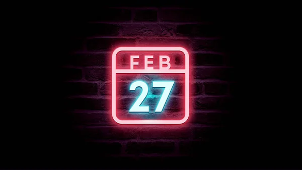 2月27日日历，底座上有霓虹灯蓝色和红色霓虹灯 