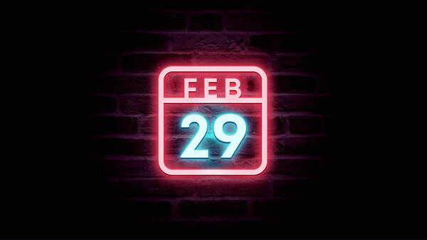 2月29日日历，底座上有霓虹灯蓝色和红色霓虹灯  图片素材