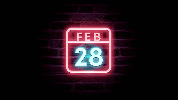 2月28日日历，底座上有霓虹灯蓝色和红色霓虹灯 