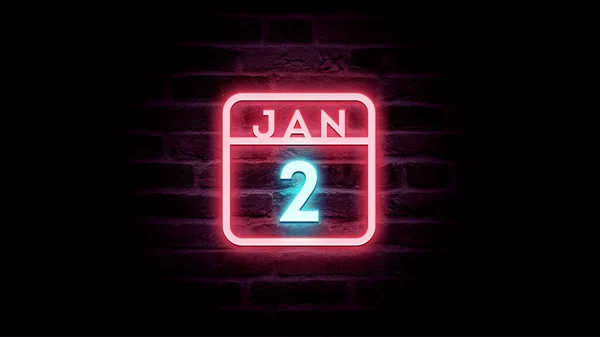 1月2日日历，背景为霓虹灯蓝色和红色霓虹灯    图片素材